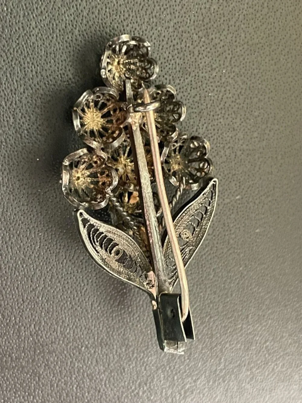 Antique Cannetille Silver Filigree Flower Bouquet Brooch Etruscan Pin C-Clasp
